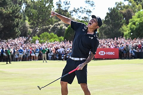 ANTHONY Kim erupts in celebration after winning his first professional title in the LIV Golf Adelaide after a very long 16-year wait.  