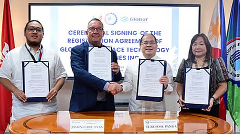GLOBAL Aerospace Technology Philippines Inc. Pesident Jason Carl Tyas (left, center) and Philippine Economic Zone Authority director general Tereso Panga (second from right) shake hands after their signing off on the Registration Agreement of Global Aerospace Technology Philippines as an ecozone export enterprise at the Cavite Technopark–Special Economic Zone in Naic, Cavite.