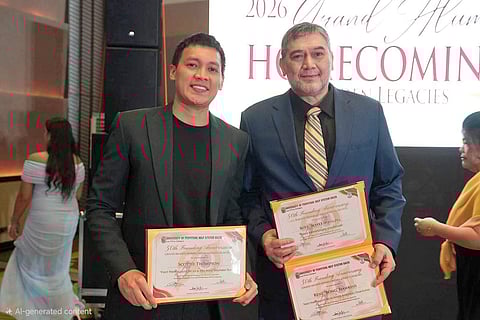 RENE ‘Bong’ Hawkins Jr. (right) and Earl Scottie Thompson get recognized as University of Perpetual Help System Dalta’s Distinguished Alumni during its 2026 Grand Alumni Homecoming that coincided with the school’s 50th Foundation Anniversary last 7 February.  