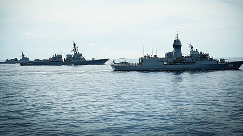 Two Chinese PLA Navy warships were sighted near Bajo de Masinloc during joint Philippine, US and Australian maritime drills in the West Philippine Sea, the Philippine Navy said.