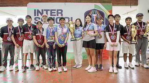 MEMBERS of the top three teams in the Upper School Junior High division of the JGFP Visayas-Cebu Interschool — Singapore School Cebu, Paref Team 1 and Paref Team 2 are shown with JGFP director Mark Dy at Cebu Country Club in Cebu City.