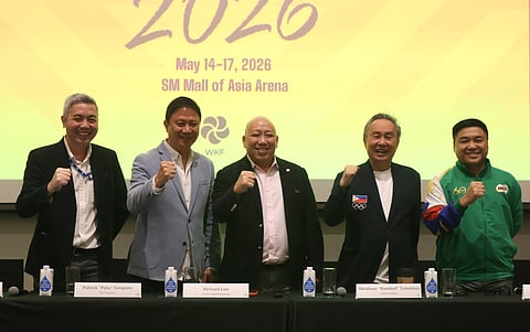 KARATE Pilipinas president Ricky Lim (center), PSC chairman Patrick ‘Pato’ Gregorio (second from left), and POC president Abraham ‘Bambol’ Tolentino (second from right) express readiness to host the Karate One Youth League from 14 to 17 May at the Mall of Asia Arena. Also shown are SM Mall of Asia Arena senior vice president Arnel Gonzales (left) and Milo Sports head Carlo Sampan.