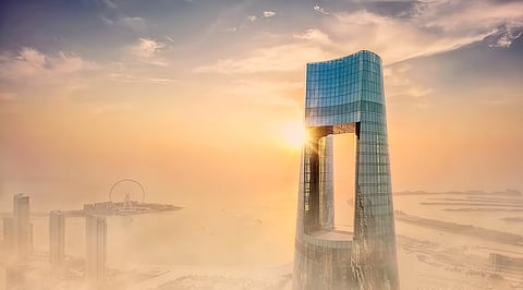 The world’s tallest hotel, Ciel Dubai Marina, at golden hour — 377 meters towering above the Dubai Marina skyline.