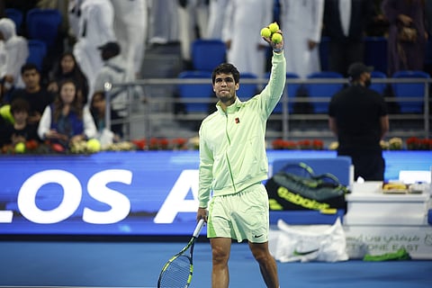 CARLOS Alcaraz celebrates after fighting back to post a thrilling win over Andrey Rublev in the semifinals of the Qatar Open men’s singles event.