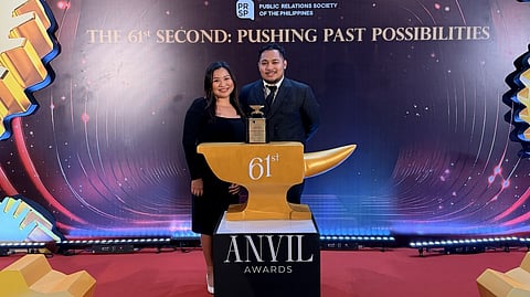 DIANNE Kathryn Toledo, First Gen CSR communications specialist and Janbern Lope Barel, First Gen CSR assistant manager, receive the Gold Anvil Award on behalf of First Gen for the company’s implementation of a program that is helping uplift the lives of an indigenous cultural community in Mindanao.