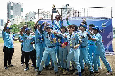 AMIEL Belgar gets a victory ride after leading PAREF Southridge to a historic title in Season 88 UAAP high school baseball tournament on Monday.    