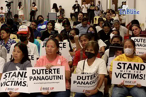 Families of the EJK victims watch the International Criminal Court (ICC)  confirmation of charges hearing against former President Rodrigo Duterte, in his crimes against humanity case linked to the government’s anti-drug campaign, held at Atencio Libunao hall in University of Philippine, Diliman Quezon City, last 23 February.