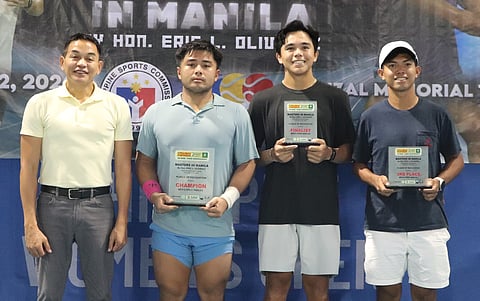 AJ Lim (second from left) holds the championship trophy after ruling the Philta Masters Top 8 Tournament at the Rizal Memorial Tennis Center. Joining him are (from left) Rep. Eric Olivarez, runner-up Eric Jed Olivarez and third-placer Nilo Ledama.  
