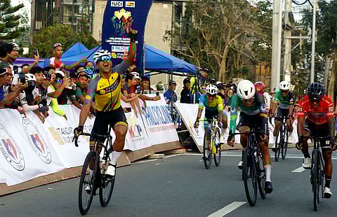 RONALD Oranza celebrates after crossing the finish line to rule the men elite division of the PhilCycling National Championships for Road 2026 on Monday in Tagaytay City. 