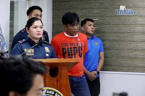 (February 24 2026) National Police Commission (NAPOLCOM) Vice Chairperson and Executive Officer (VCEO) Rafael Calinisan, with CIDG Director, Maj. Gen. Robert Alexander Morico II, present to the media the arrested vlogger Norman Mangusin, also known as Francis Leo Marcos, following his arrest in Pasay. He faces 12 counts of unjust vexation filed by internet personality Mark Jayson Warnakulahewa known as Makagago, during a press conference held at CIDG office in Camp Crame on Tuesday February 24 2026. Photo/Analy Labor
