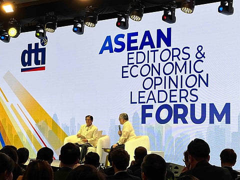 President Ferdinand Marcos Jr. answers questions from veteran newscaster Rico Hizon during the ASEAN Editors and Economic Opinion Leaders Forum at the Fairmont Hotel in Makati City on Tuesday