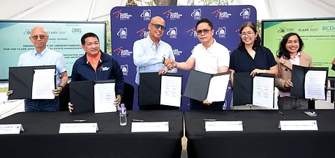 Clark International Airport Corporation (CIAC) President and CEO Jojit Alcazar (third from left) signed a memorandum of understanding (MOU) with the Philippine Association of Landscape Architects (PALA) led by President Landscape Architect (Larch.) Holtzjosip Abbu (third from right) on Tuesday, 24 February 2026, at the Clark Aviation Capital Picnic Grounds to provide support to CIAC for the implementation of the Clark Aviation Capital Estate Management Program. Joining Alcazar and Abbu at the signing are: (left to right) CIAC Members of the Board of Directors Jimmy Lazatin and Noel Tulabut, Larch. Christel Hannah Go, and Larch. Norman June Brito.  
