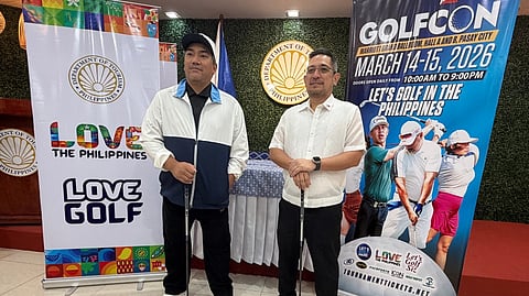 DEPARTMENT of Tourism director for golf and special projects Lyle Fernando Uy (right) and chairman Jesse Guerrero encourage golfers to participate in the 2nd Philippine Golf Convention that will be held on 14 and 15 March at the Marriott Grand Ballroom in Pasay City.