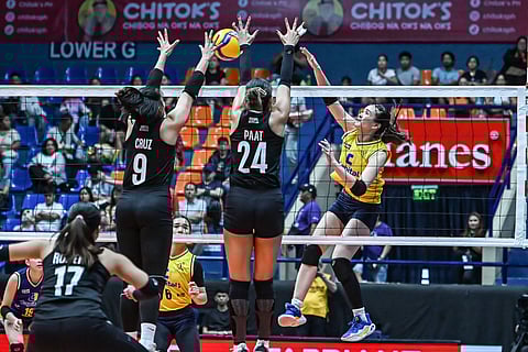 BELLA Belen of Capital1 attacks tthe defence of Mylene Paat of Farm Fresh during their 26-24, 20-25, 28-26, 20-25, 15-11 victory in the PVL All-Filipino Conference on Thursday.