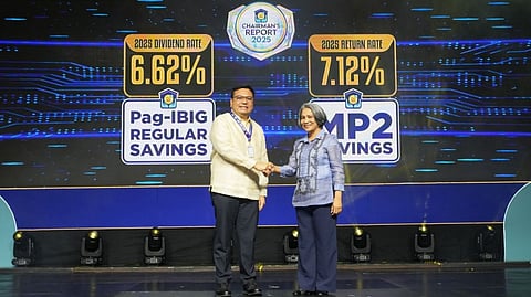DEPARTMENT of Human Settlements and Urban Development Secretary Jose Ramon P. Aliling (left), who chairs the Pag-IBIG Fund Board of Trustees; and Pag-IBIG Fund CEO Marilene C. Acosta toast the record dividend declaration of the shelter financing agency that promises sustainable earnings to members.