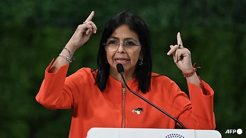 Venezuela's Vice President Delcy Rodriguez speaks during the Antifascist Global Parliamentary Forum in Caracas on Nov 5, 2024. 