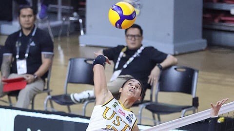 ANGGE Poyos leads the way for UST in their 25-11, 25-14, 25-14 win over UE in their Season 88 UAAP women’s volleyball tournament game Saturday at the Quadricentennial Gymnasium.