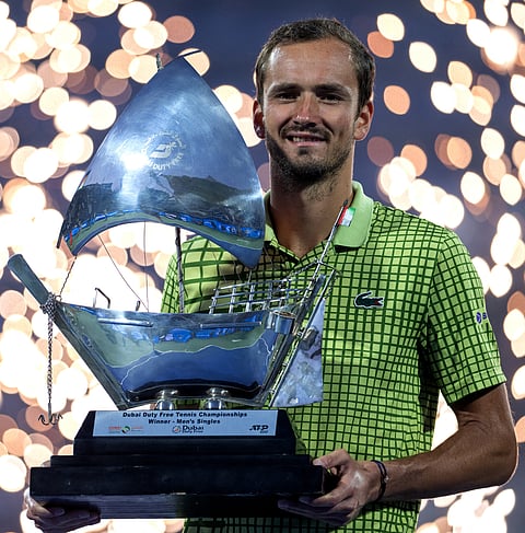 DANIIL Medvedev lifts the title following the withdrawal of injured Tallon Griekspoor in the final of the men’s singles event of the Dubai Open.