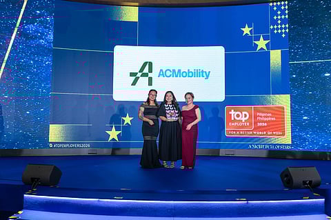 ACMOBILITY officials receive the Top Employer 2026 certification in Singapore, marking the company’s second straight year earning the recognition. Shown are (from left): Yeng Salatamos-Udtohan, OD and total rewards manager; Jowee Jael, Culture and employee experience head; and Vanessa Tabije, talent acquisition manager.