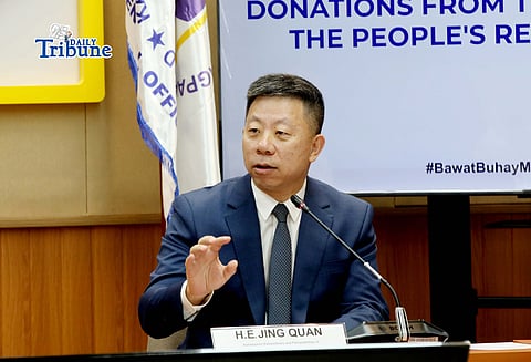 Chinese Ambassador to the Philippines Jing Quan speaks during the ceremonial signing of USD 1,000,000 cash assistance handover certificates for typhoon victims in the Philippines, from the government of the People’s Republic of China. The event was held at the DSWD Central Office in Quezon City on Monday, 2 March 2026.  