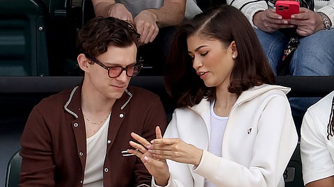 Tom Holland and Zendaya at the Men's Final of the BNP Paribas Open at Indian Wells Tennis Garden.