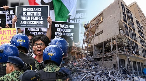 ACTIVISTS gather on Tuesday near the United States Embassy in Manila to denounce US-Israeli strikes on Iran, as across the region in Tehran, a shattered building near Ferdowsi Square stands exposed, a stark echo of a war widening beyond borders.