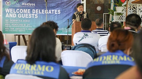CCC Vice Chairperson and Executive Director Robert E.A. Borje delivers his message during the Provincial Climate and Disaster Resilience Summit: “Hagiyos” in Sibuyan Island, Romblon, underscoring the vital role of local government units in turning national climate policies into concrete action on the ground.