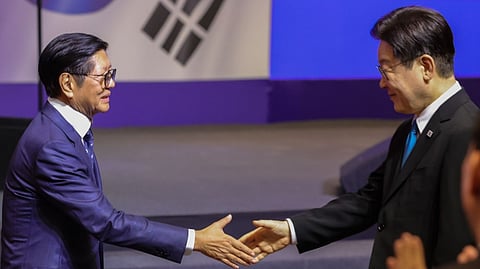 PRESIDENT Ferdinand R. Marcos Jr. and South Korean President Lee Jae Myung shake hands during the signing of agreements in key sectors, including shipbuilding, nuclear energy, aerospace, critical minerals supply chains, retail, and health and wellness between the Philippine Chamber of Commerce and Industry and the Federation of Korean Industries during the Philippines-South Korea Business Forum at the Conrad Hotel in Pasay City on Wednesday, 4 March 2026.