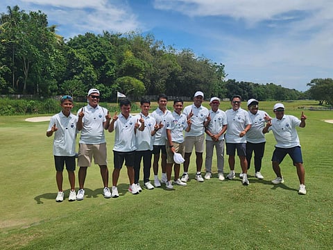 MEMBERS of the victorious Eastridge squad flash the No. 1 sign after topping the 77th Philippine Airlines Interclub in Davao City on Friday.