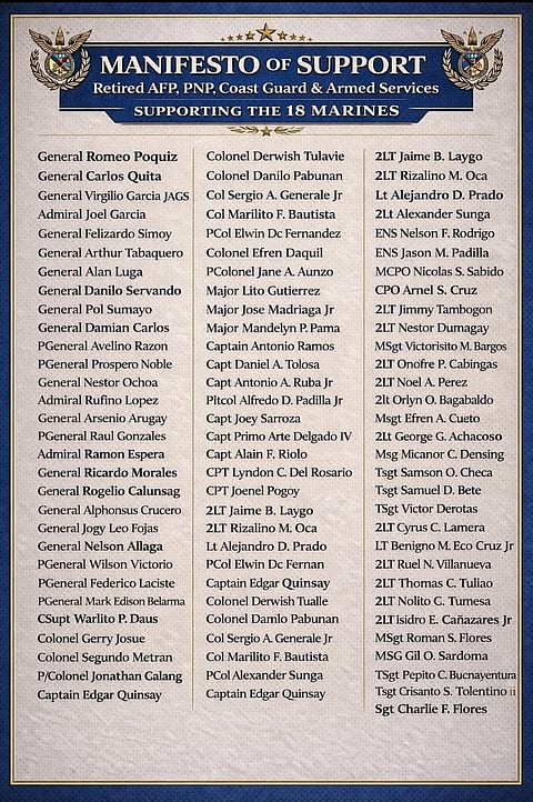 Posted on retired Gen. Romeo Poquiz's Facebook page – the Manifesto of Support has signatories from the AFP, PNP, Coast Guard, BJMP, BFP, plus leaders from MNLF and MILF. 