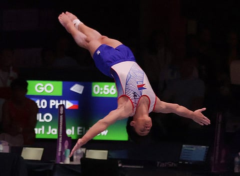 Eldrew Yulo winds up sixth overall in the floor exercise of the FIG Artistic Gymnastics World Cup Series in Baku, Azerbaijan.