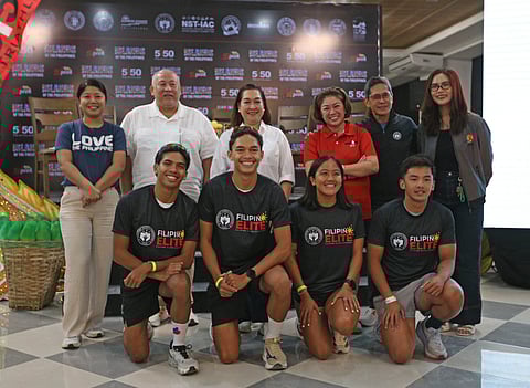 MEMBERS of the national triathlon team — Kim Remolino, Matthew Hermosa, Erika Burgos and Joshua Ramos (front row) — headline the PSC Filipino Elite Category of the 5150 Guimaras firing off Sunday. Also shown are (standing, from left) DoT regional director Cristanta Rodriguez, Rep. Dr. JC Rahman Nava, Gov. Lucille Nava, Sunrise Events, Inc. president Princess Galura, PSC commissioner Walter Torres and SK Federation president Hannah Callejas.