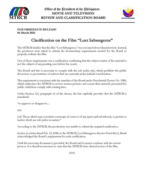 The MTRCB official statement