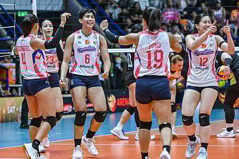 JEMA Galanza and Creamline whoop it up after surviving Nlex in five sets, 25-16, 22-25, 25-21, 15-25, 15-10, to stretch their winning streak to five games in the PVL All-Filipino Conference on Saturday at the FilOil EcoOil Centre.