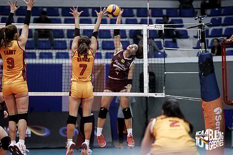 Cyrille Almeniana of Perpetual Help smashes her way to 28 points in Perpetual Help’s 25-20, 21-25, 25-23, 20-25, 15-6 victory over Mapua University in Season 101 of the National Collegiate Athletic Association women’s volleyball tournament Sunday at the San Andres Gym in Manila. 