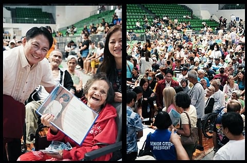 Left: Lola Lucia Arcilla beams as she receives a plaque during a photo opportunity at the Bren Z. Guiao Convention Center, Monday. Right: Hundreds of senior citizens gather for the cash assistance distribution event, with attendees including those in wheelchairs and community representatives.