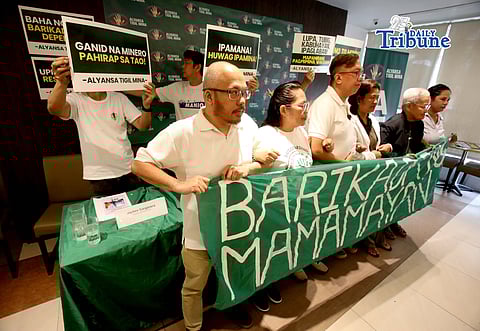 MINING HELL WEEK. Community leaders from five mining areas — Nueva Vizcaya, Leyte, Homonhon Island in Eastern Samar, and Sibuyan in Romblon — launch Alyansa Tigil Mina’s (ATM) “Mining Hell Week” campaign calling for an end to mining activities in their communities and urging the Department of Environment and Natural Resources to address their complaints and cancel existing mining permits during a press conference in Quezon City on 9 March 2026. | Photo by Analy Labor