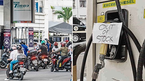 PUMP stations are marked ‘out of stock’ at a gas station in Paco, Manila, on Monday after a rush of motorists filled their tanks and stockpiled fuel ahead of looming price hikes triggered by escalating tensions in the Middle East. The surge in demand left several pumps temporarily dry as drivers scrambled to beat the expected spike at the pumps.
