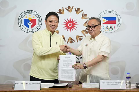 PSC chairperson Patrick 'Pato' Gregorio (left) and POC president Abraham ‘Bambol’ Tolentino join hands for the successful hosting of the SEA Games Plus in December 2027. 
