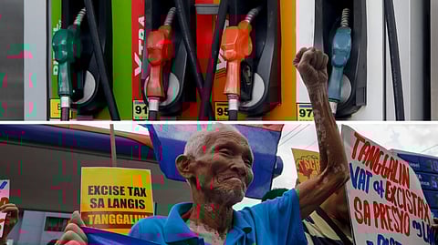 PROTESTERS converge at the Blumentritt-España intersection in Manila on Tuesday, calling for the removal of excise taxes on fuel and VAT on basic goods as diesel prices are projected to exceed P80 per liter.