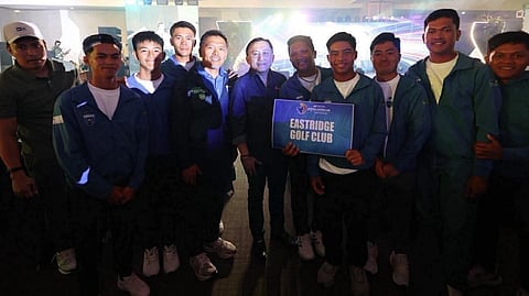 SENATOR Christopher ‘Bong’ Go (center) joins the celebrations of the triumphant Eastridge team in the 77th PAL Interclub Men’s Regular Championships at the SMX Convention Center.