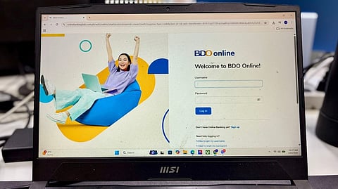 A LAPTOP displays the BDO Online login page, illustrating how customers can securely access their accounts, transfer funds and manage financial transactions through digital banking platforms.