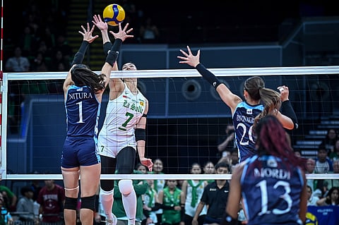 SHEVANA Laput and the La Salle Lady Spikers flaunt their might, edging the Adamson Lady Falcons, 19-25, 25-20, 25-21, 13-25, 15-5, in the UAAP Season 88 women’s volleyball tournament.   
