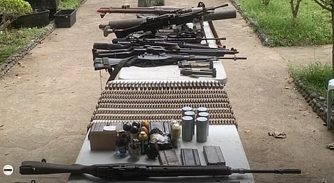 HIGH-powered firearms and various explosives are displayed following the clearing operations along the boundary of North Cotabato and the Bangsamoro Autonomous Region in Muslim Mindanao. The weapons, which include M16, M14, M1 Garand and U-M4 rifles, were abandoned by warring factions following encounters with government troops.
