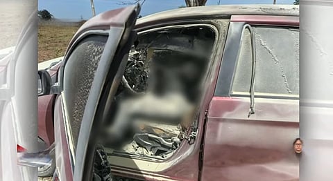 FORENSIC teams inspect a burned red Toyota Wigo found on 9 March in Barangay Sinasajan, Leong Hup Farm, where a man and woman were killed. Authorities arrested four suspects in Mallig, Isabela, two days later, who now face murder charges as the investigation continues.