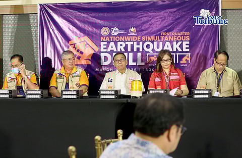 (March 12 2026) Asec Cesar M. Idio, CESO V - Chief of Staff and Acting Civil Defense Deputy Administrator for Operations, Usec. Harold N. Cabreros – Office of Civil Defense (OCD), Secretary Renato U. Solidum Jr. – Department of Science and Technology (DOST), Usec Diana Rose S. Cajipe - DSWD, Dir. Teresito C. Bacolcol – Philippine Institute of Volcanology and Seismology (PHIVOLCS) led the First Quarter Nationwide Simultaneous Earthquake Drill (NSED) ceremonial pressing of the button, with theme “Duck, Cover, and Hold: Gawin Dapat, Pero Hindi Sapat”. Held in Quezon City on Thursday March 12 2026. Photo/Analy Labor

