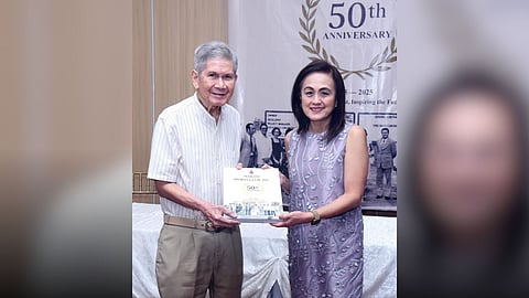 MAKATI Sports Club Inc. (MSCI) Vice President and Membership Committee Chairwoman Jennie Guerrero (right) presents the club’s 50th commemorative book to Dr. Jose Sandejas, former MSCI president and one of its founders, during the book launch event celebrating the club’s golden anniversary.