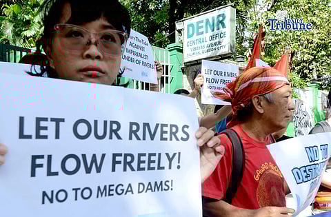 (March 13 2026) Indigenous People Moro and advocates stage a protest in front of the Department of Environmental and Natural Resources (DENR) office in Quezon City on Friday March 13 2026, condemning large dams and renewable energy projects that continue destroy river systems and displace commutes, and to mark the International Day of Action for rivers. Photo/Analy Labor
