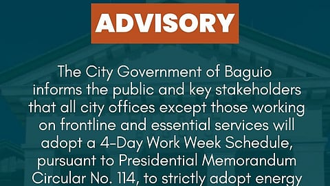 Baguio City will implement a four-day workweek starting 16 March 2026 in compliance with a national directive promoting energy conservation and reduced fuel consumption.