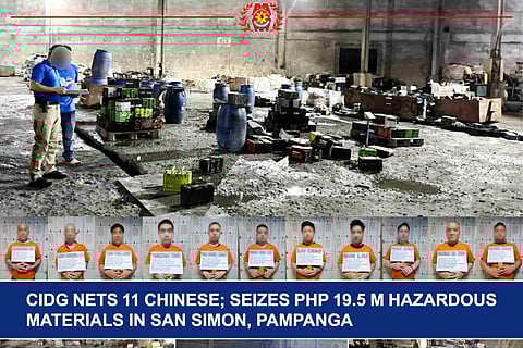 Some 11 Chinese nationals were arrested with P19.5-million worth of hazardous materials were seized during a police operation at Global Aseana Business Park 1, Brgy Dela Paz, San Simon, Pampanga  on March 11, 2026.
